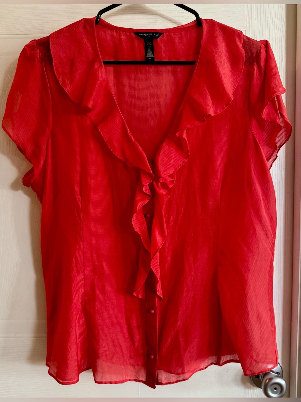 Banana Republic 100% Silk Red Orange Sheer Ruffle V-Neck Short Sleeve Blouse